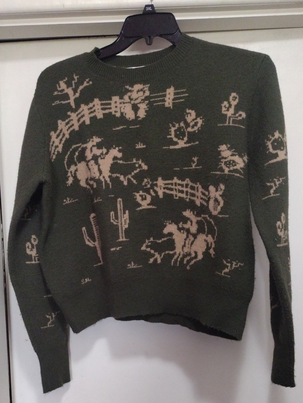 Olive Green Western Motif Rodeo Quincy Cowboy Crewneck Sweater XL